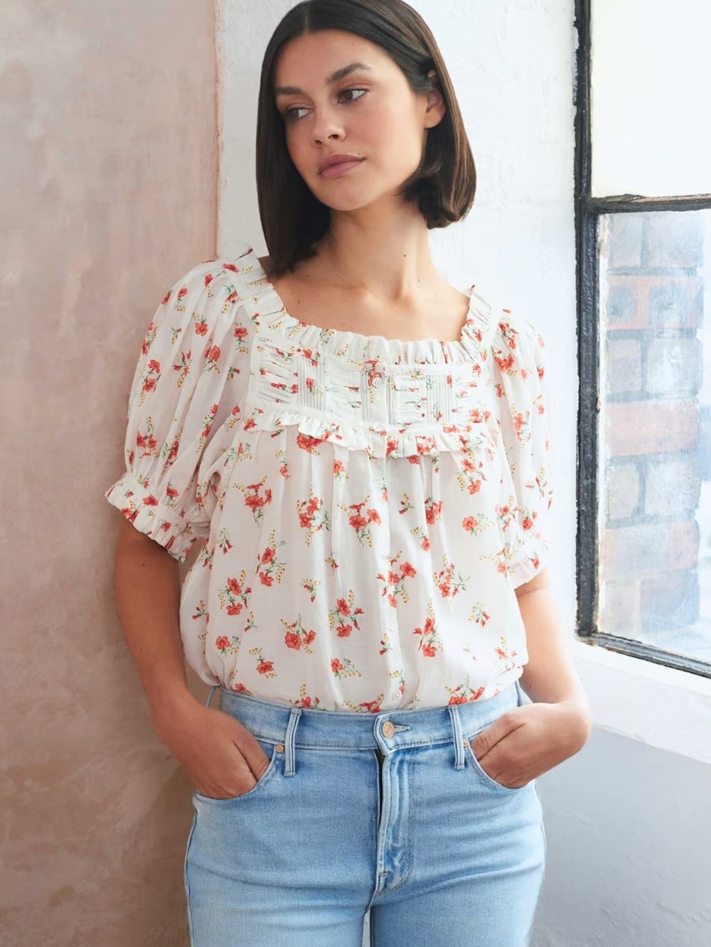 Doen White Blouse with Red Floral Print and Green Accents